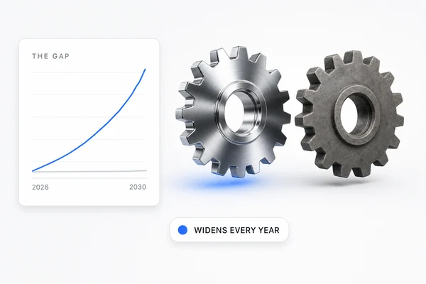 Illustration: two gears, one polished and driven, one dull and standing still