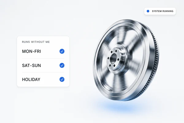 Illustration: a flywheel in motion beside a list of ticked-off weeks